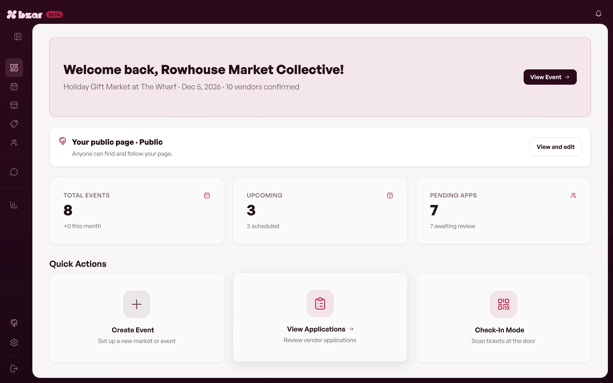 The bzar organizer dashboard: events, pending applications and quick actions