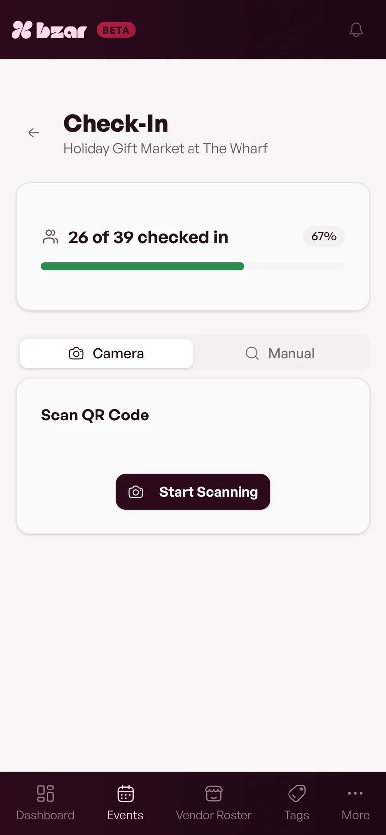 Check-in on a phone: 26 of 39 checked in