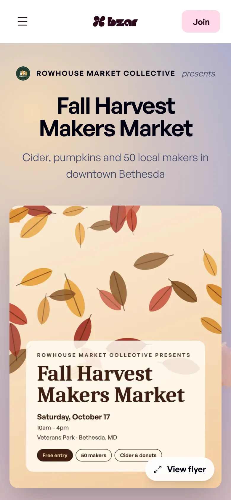 An event page on bzar, on a phone