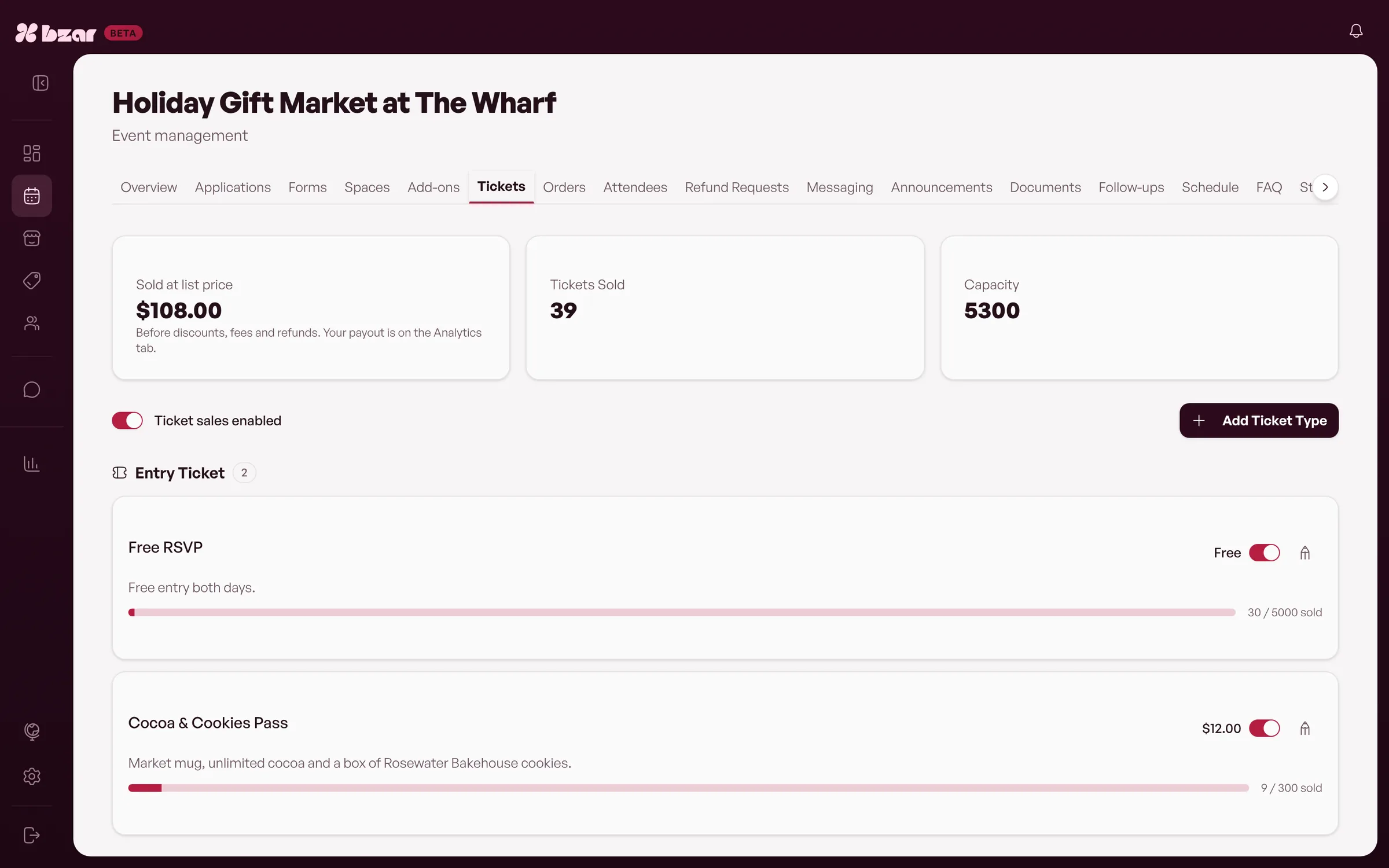 Ticket types for the Holiday Gift Market: a free RSVP and a paid pass