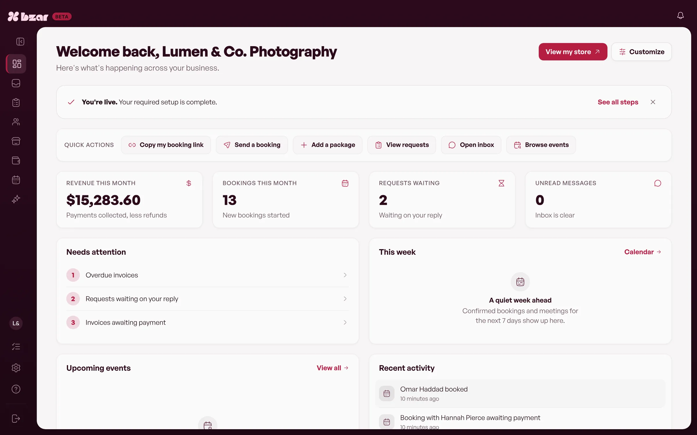 The bzar vendor dashboard: revenue, bookings, requests and what needs attention