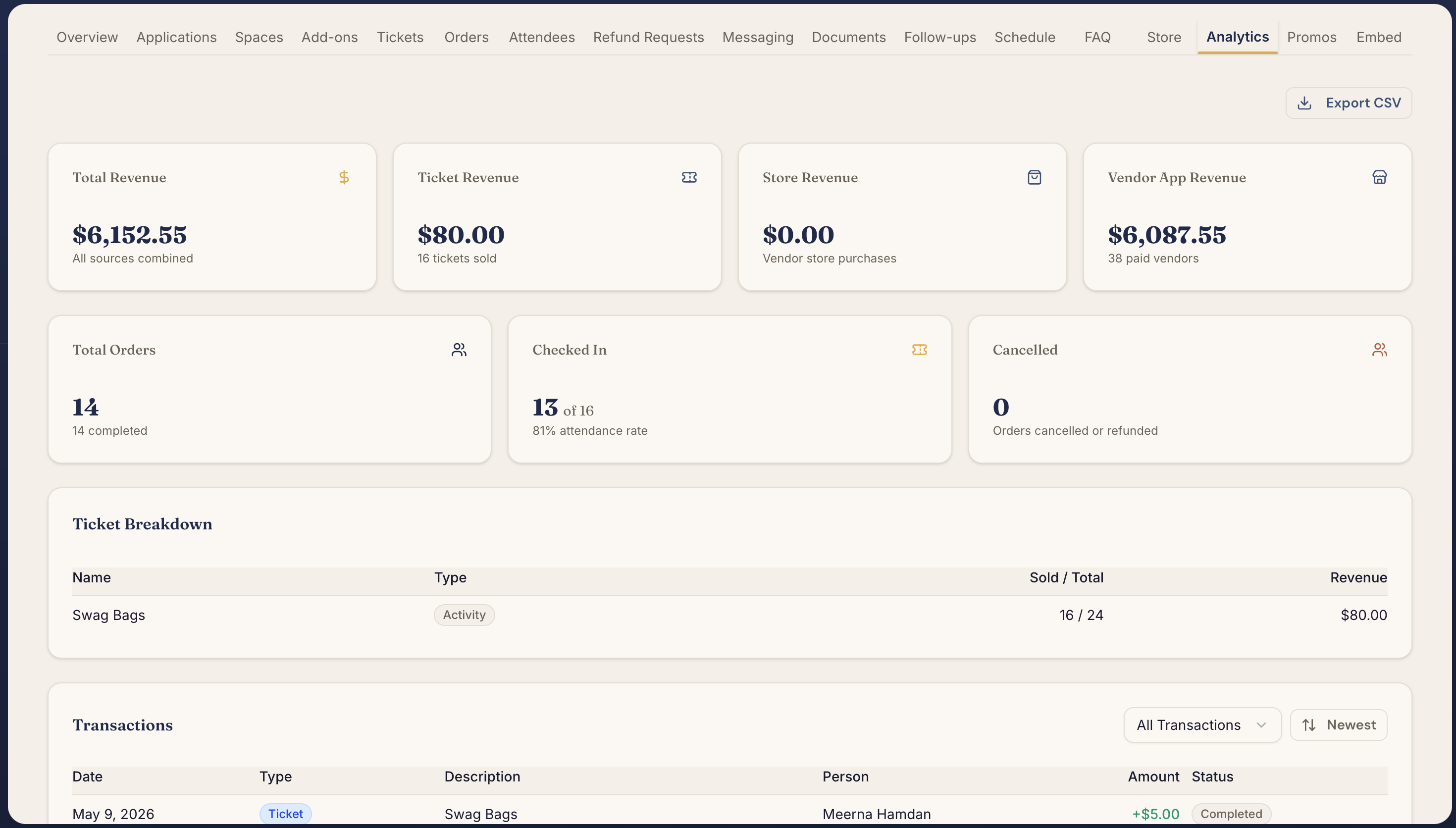 Event revenue and GMV analytics